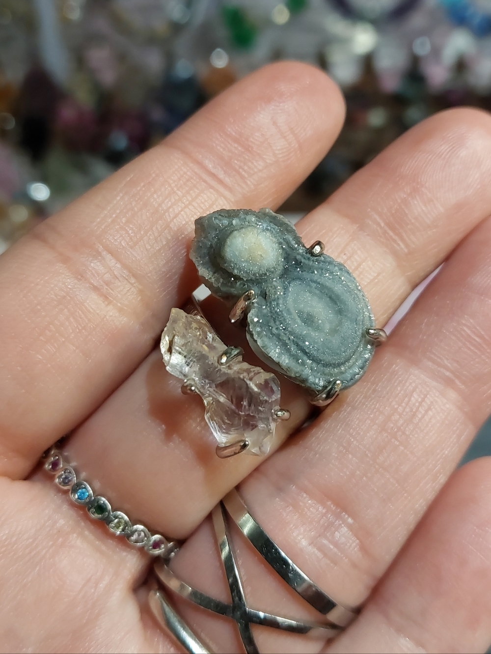 🪨⚒️ Druzy Solar Chalsadony Agate & Ametrine Specimen Ring